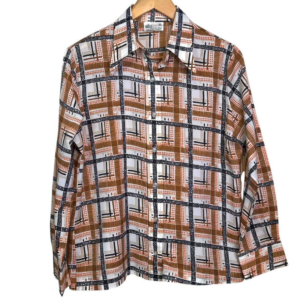 Vintage K-Mart 1970's Size 38 Geometric Print Polyester Dagger Collar Shirt